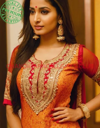 Beautiful Punjabi Call Girl Wearing Red and Yellow Indian Style Suit